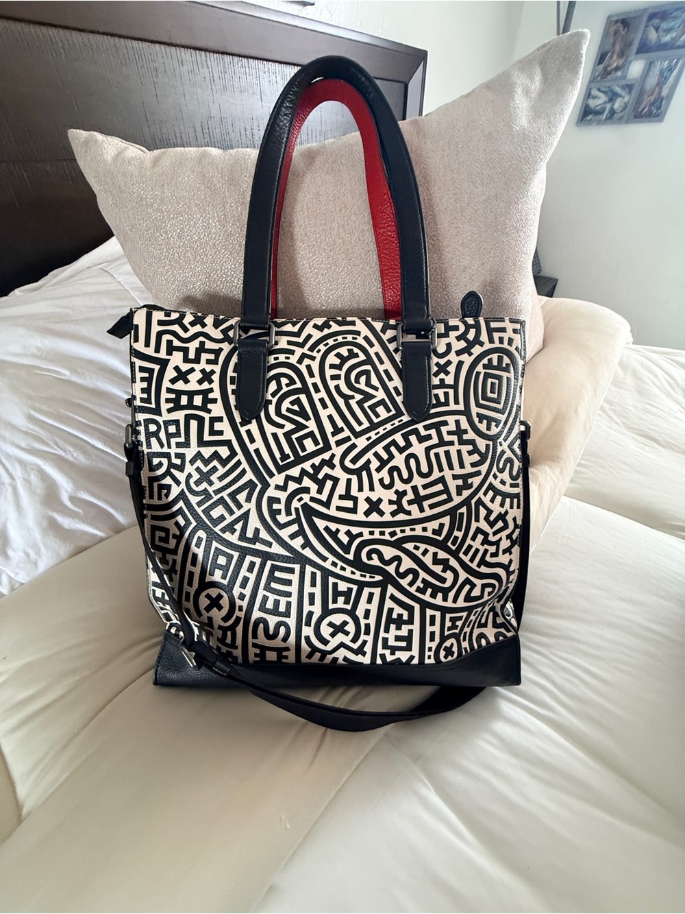 Coach Black & Cream Graphic Tote with Red-Trim Handles- Keith Haring collab .